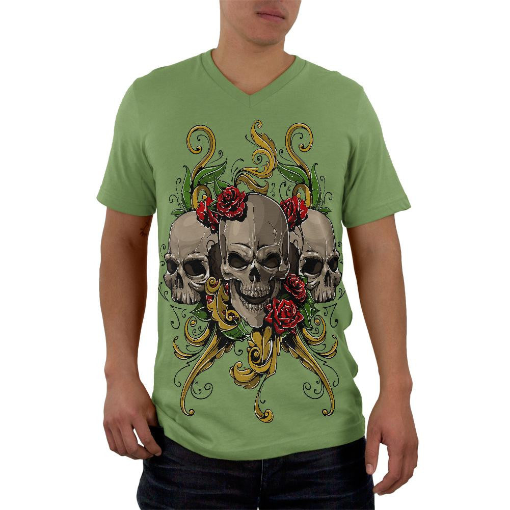 Skulls and Roses Tattoo Mens V-Neck T Shirt Men's T-Shirts Old Glory 2XL Green 