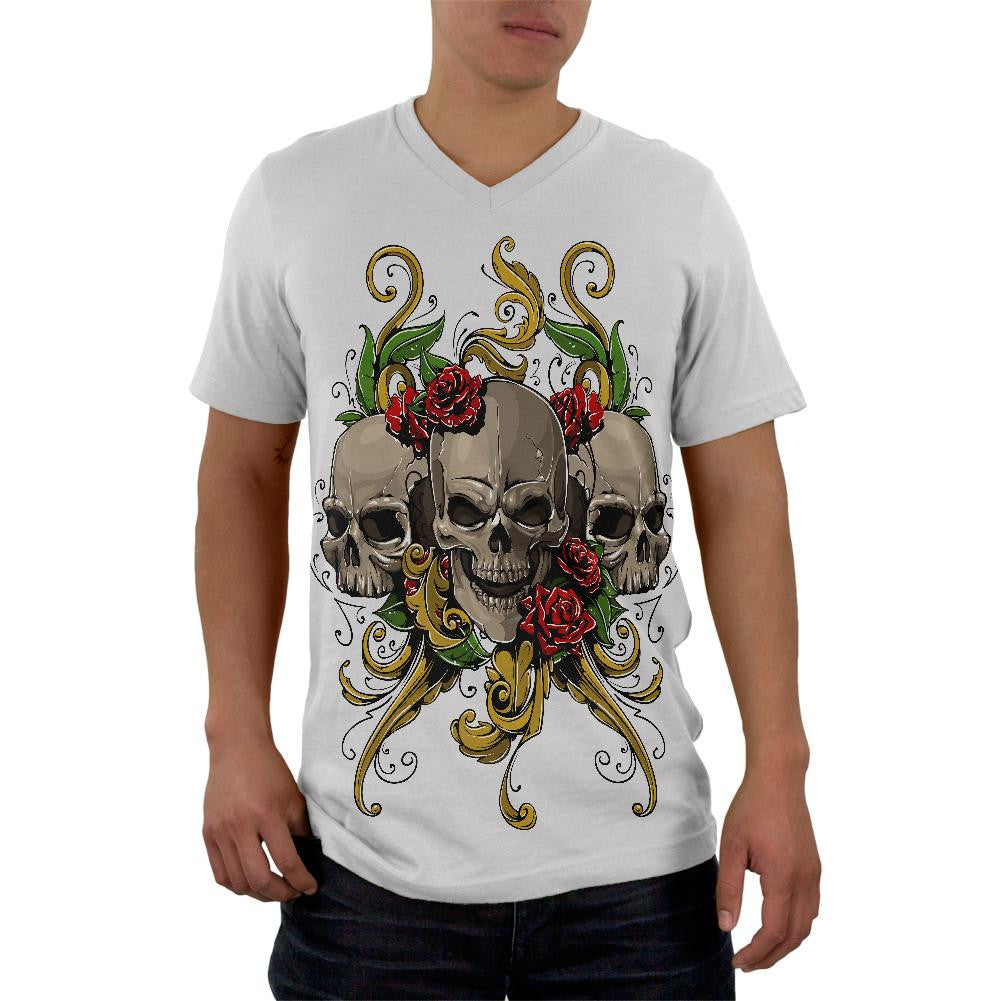 Skulls and Roses Tattoo Mens V-Neck T Shirt Men's T-Shirts Old Glory 2XL White 