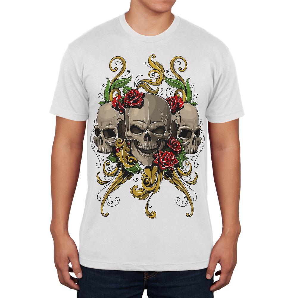 Skulls and Roses Tattoo Mens Soft T Shirt Men's T-Shirts Old Glory 2XL White 