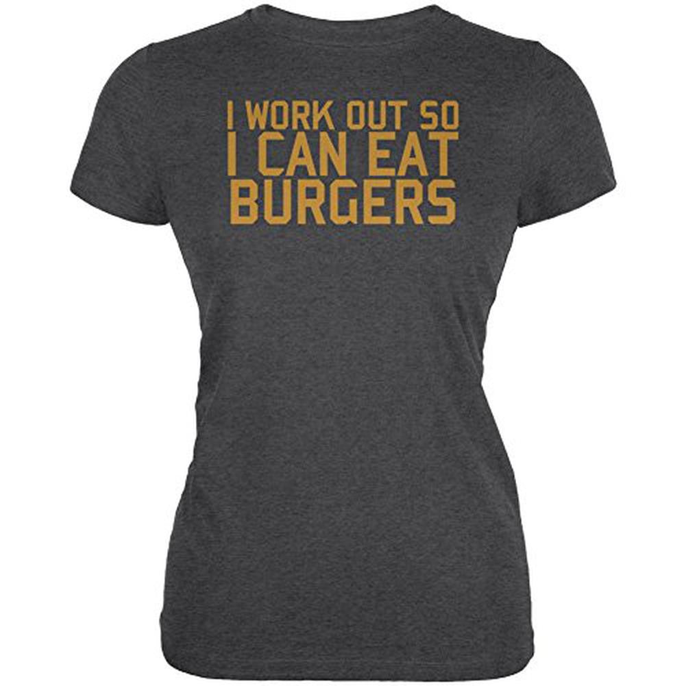 Work Out Eat Burgers Juniors Soft T Shirt Juniors T-Shirts Old Glory 2XL Black 