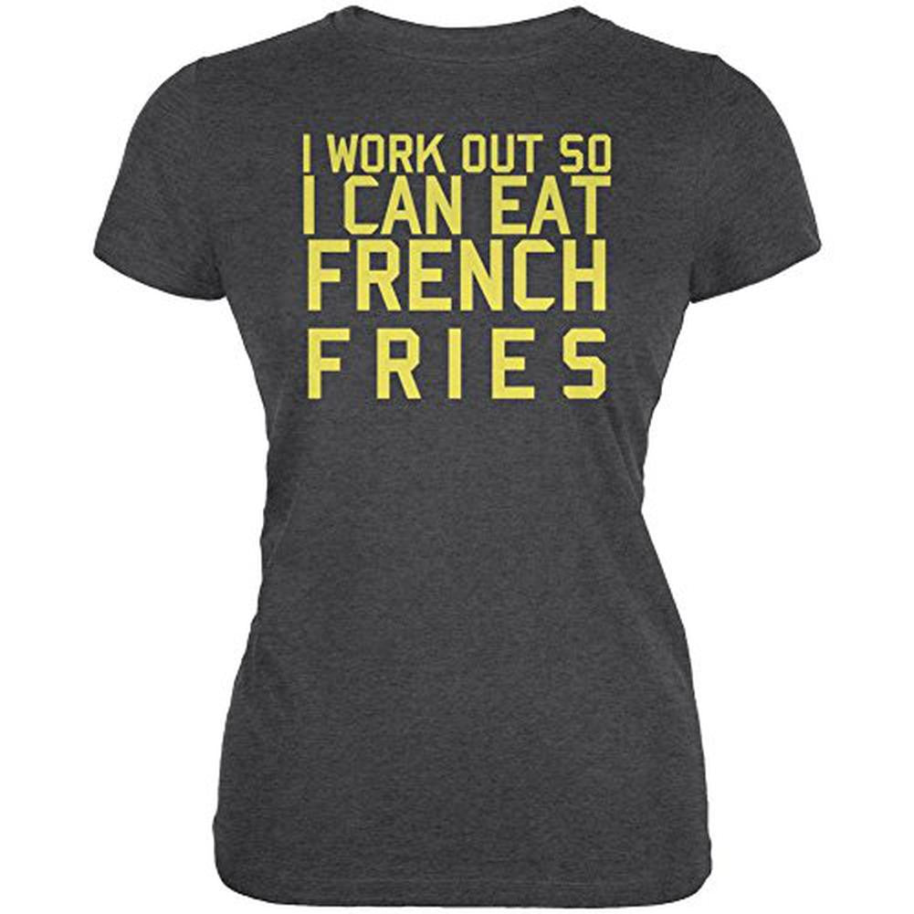 Work Out Eat French Fries Juniors Soft T Shirt Juniors T-Shirts Old Glory 2XL Black 