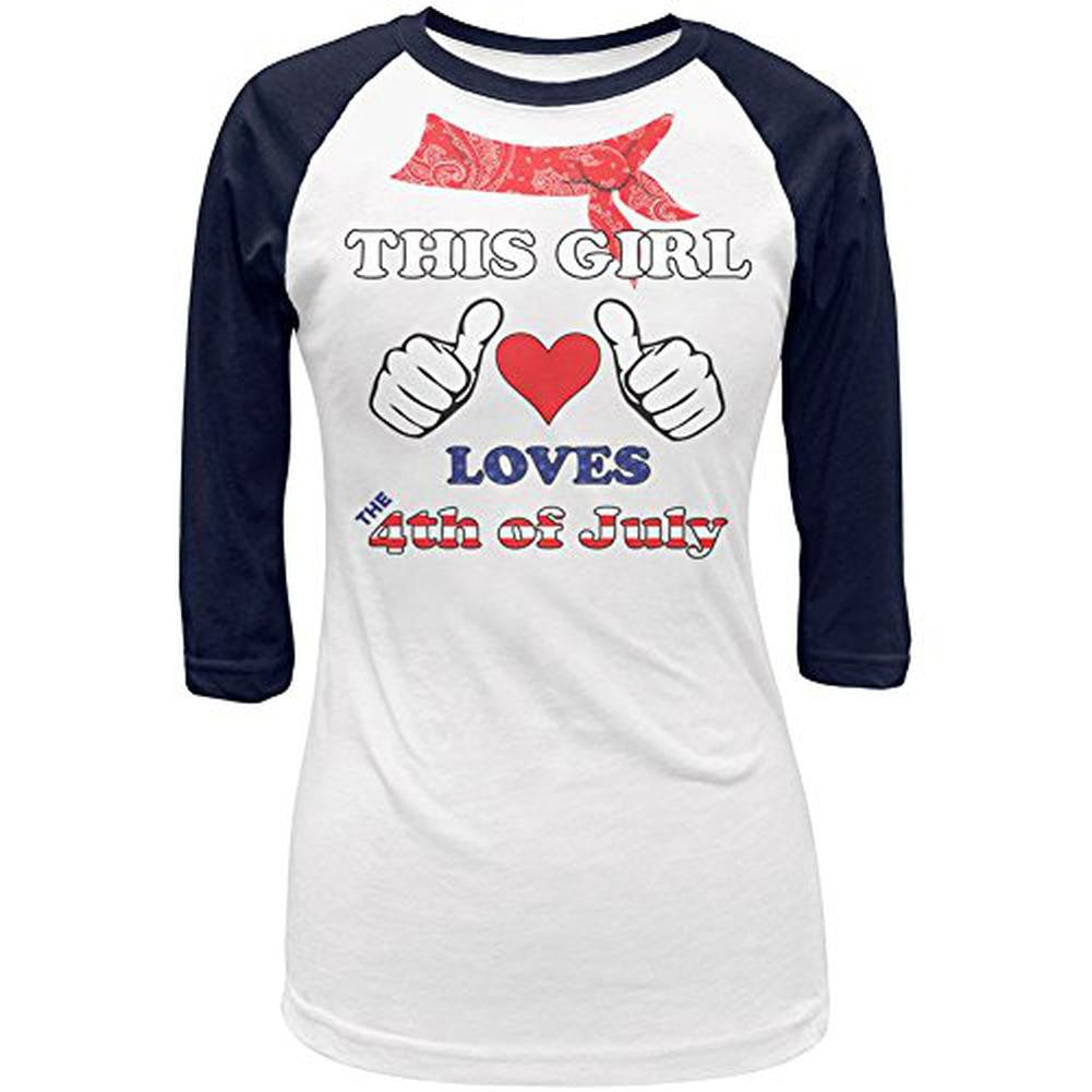 This Girl Loves the 4th of July Juniors 3/4 Raglan T Shirt Juniors Raglans Old Glory 2XL White 