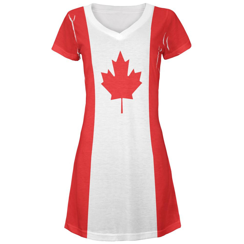 Canadian Canada Flag All Over Juniors V-Neck Dress Juniors Dresses Old Glory LG Multi 