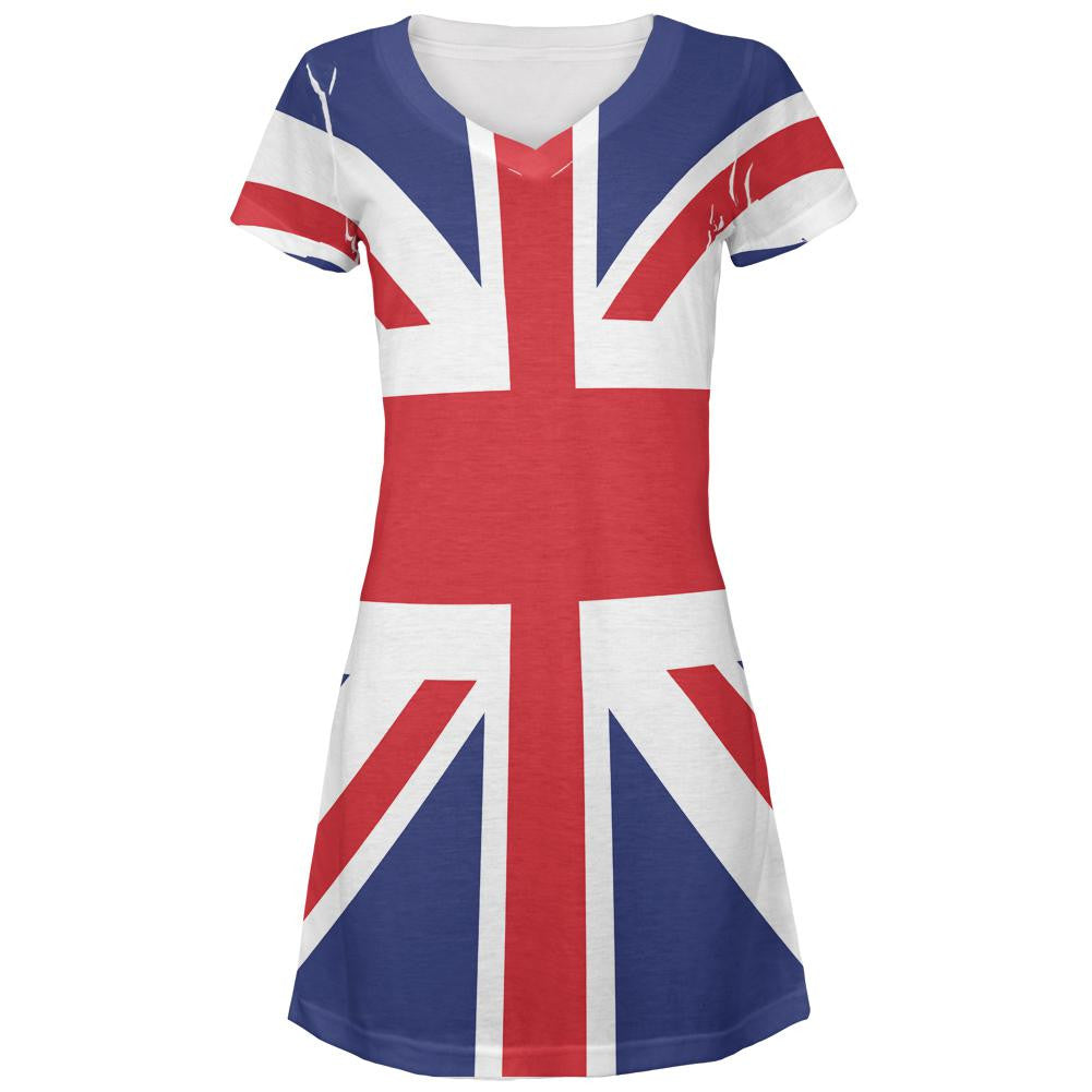 British Flag Union Jack All Over Juniors V-Neck Dress Juniors Dresses Old Glory LG Multi 