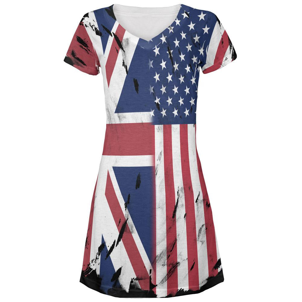 British UK American USA Flag All Over Juniors V-Neck Dress Juniors Dresses Old Glory LG Multi 