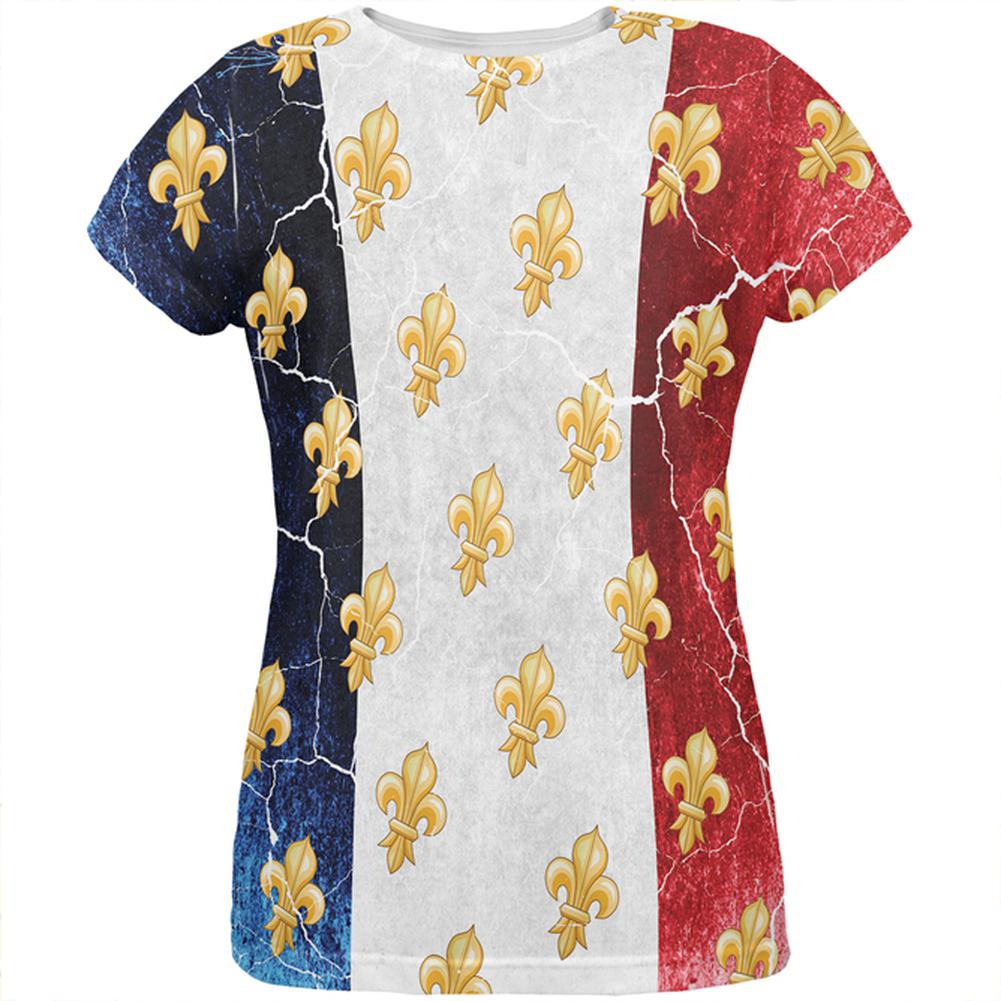 French Flag Grunge Distressed Fleur De Lis All Over Womens T Shirt Women's T-Shirts Old Glory 2XL Multi 