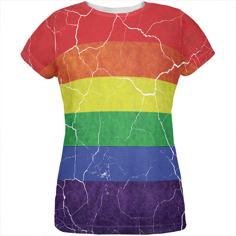 Distressed Gay Pride Flag All Over Womens T Shirt Women's T-Shirts Old Glory 2XL Multi 