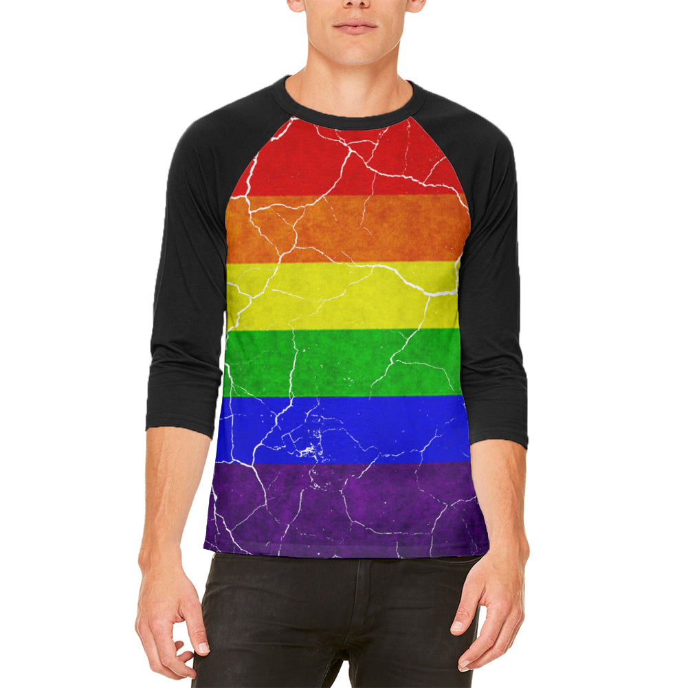 Distressed Gay Pride Flag Mens Raglan T Shirt Men's Raglans Old Glory MD  