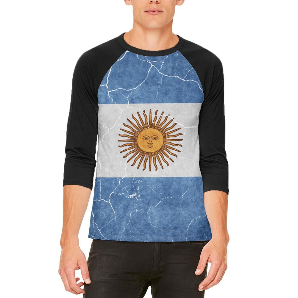 Distressed Argentina Flag Mens Raglan T Shirt Men's Raglans Old Glory 2XL White 