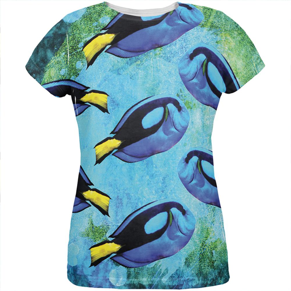 Blue Tang Fish Tropical Splatter All Over Womens T Shirt Women's T-Shirts Old Glory LG Multi 