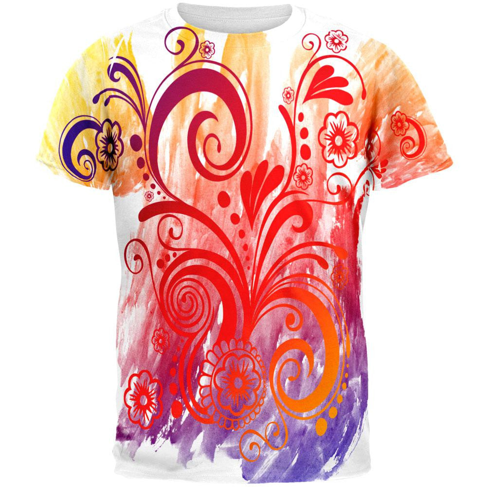 Henna Rainbow Watercolor Paint Swirls All Over Mens T Shirt Men's T-Shirts Old Glory 2XL Multi 