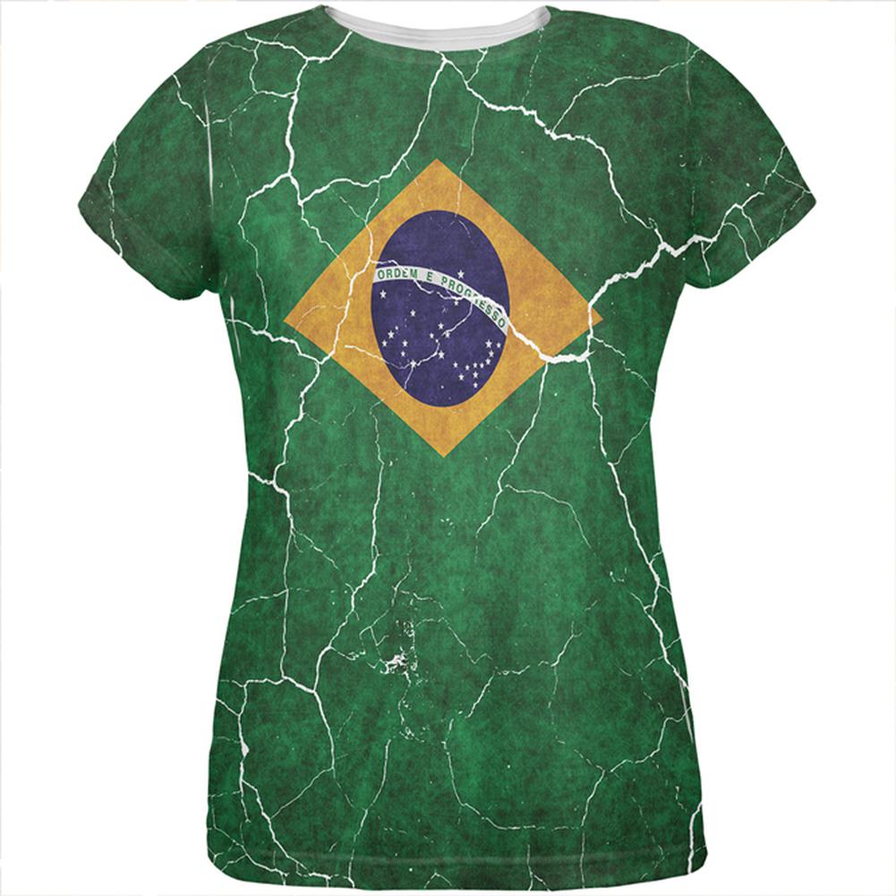 Distressed Brazilian Flag All Over Womens T Shirt Women's T-Shirts Old Glory 2XL Multi 