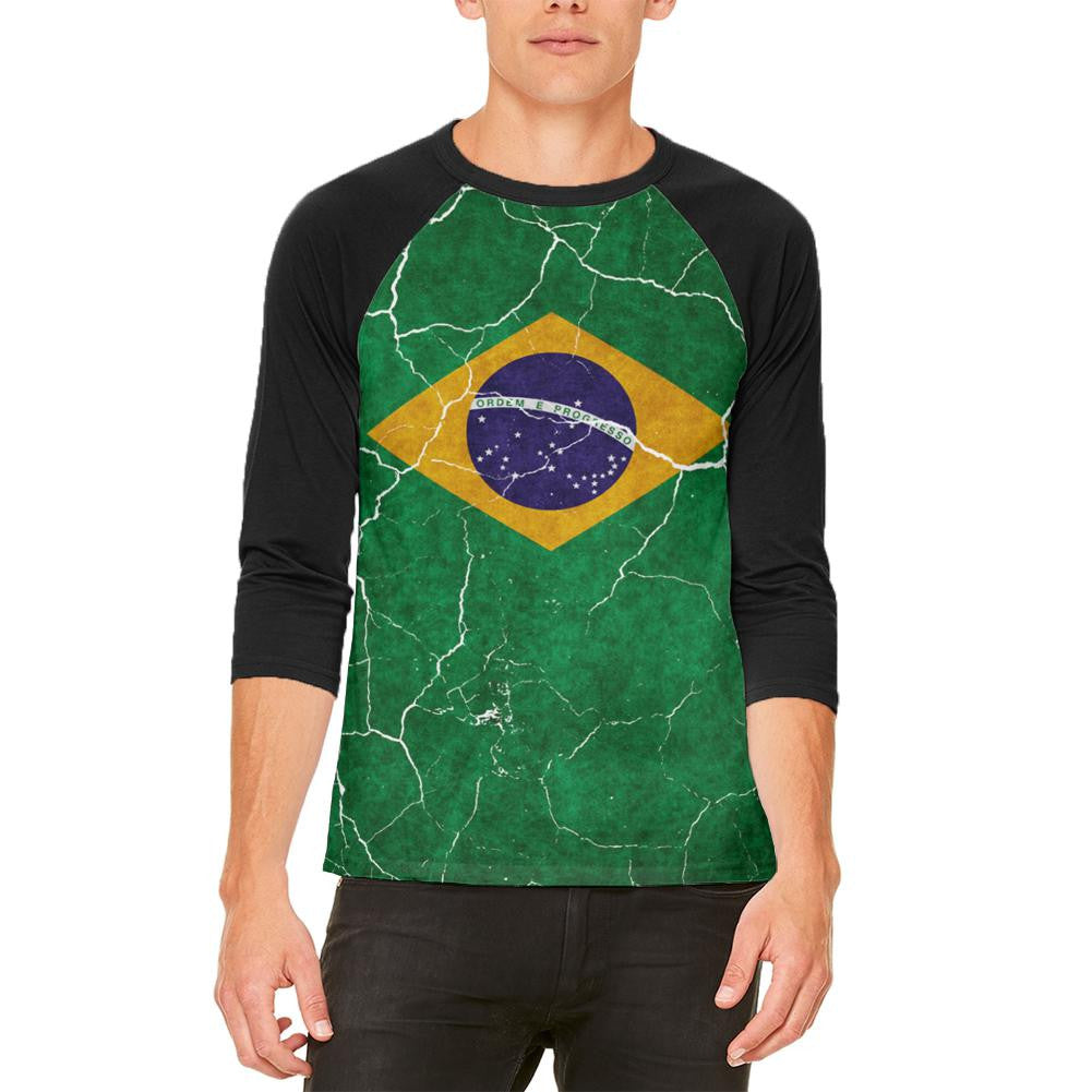 Distressed Brazilian Flag Mens Raglan T Shirt Men's Raglans Old Glory 2XL White 