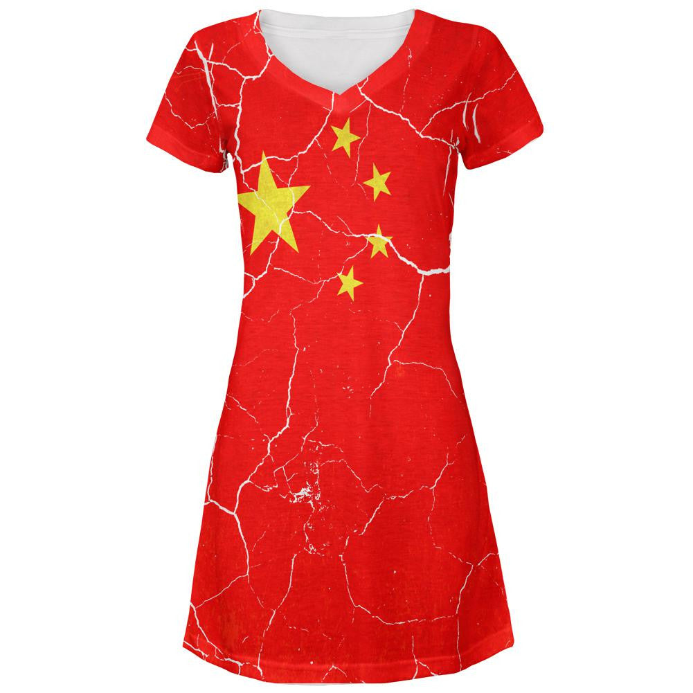 Distressed Chinese Flag All Over Juniors V-Neck Dress Juniors Dresses Old Glory LG Multi 