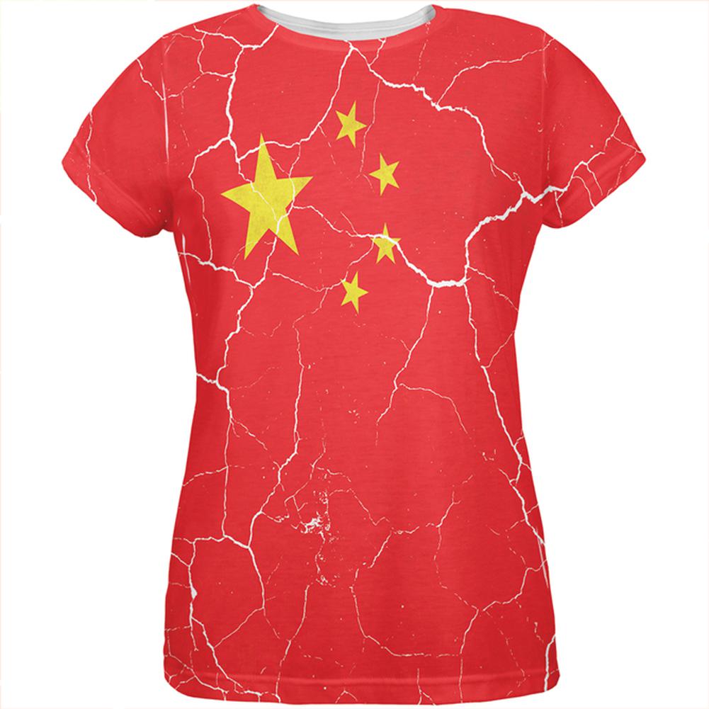 Distressed Chinese Flag All Over Womens T Shirt Women's T-Shirts Old Glory 2XL Multi 