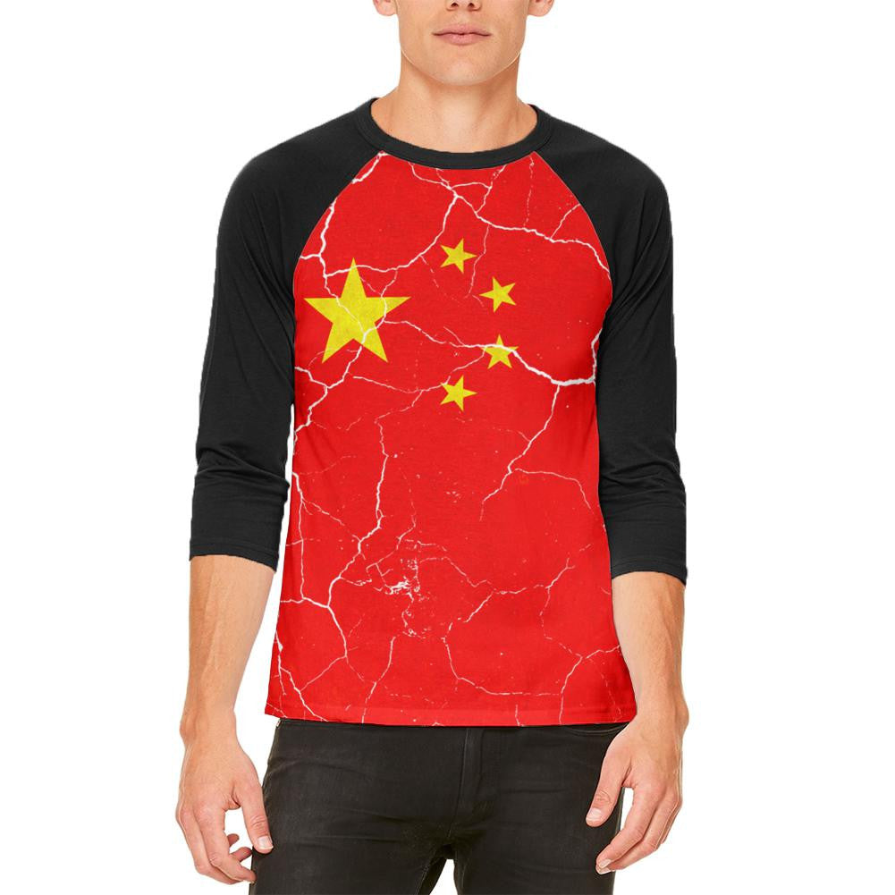 Distressed Chinese Flag Mens Raglan T Shirt Men's Raglans Old Glory 2XL White 