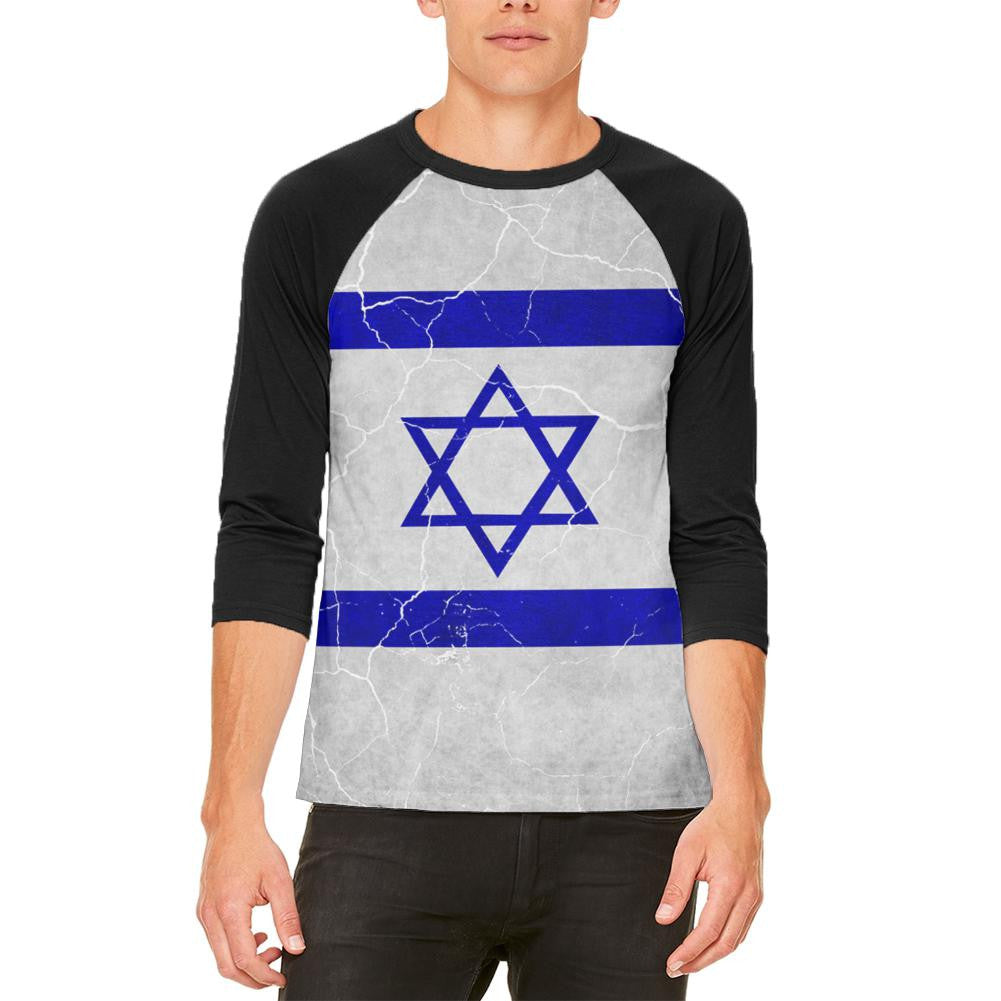 Distressed Israeli Flag Mens Raglan T Shirt Men's T-Shirts Old Glory 2XL White 