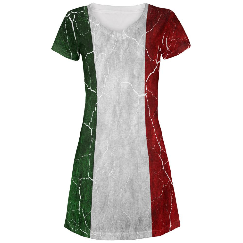 Distressed Italian Flag All Over Juniors V-Neck Dress Juniors Dresses Old Glory LG Multi 