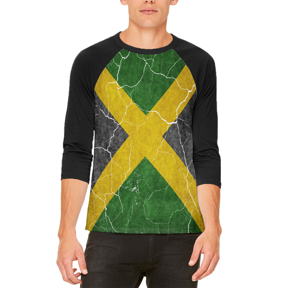 Distressed Jamaican Flag Mens Raglan T Shirt Men's T-Shirts Old Glory LG White 