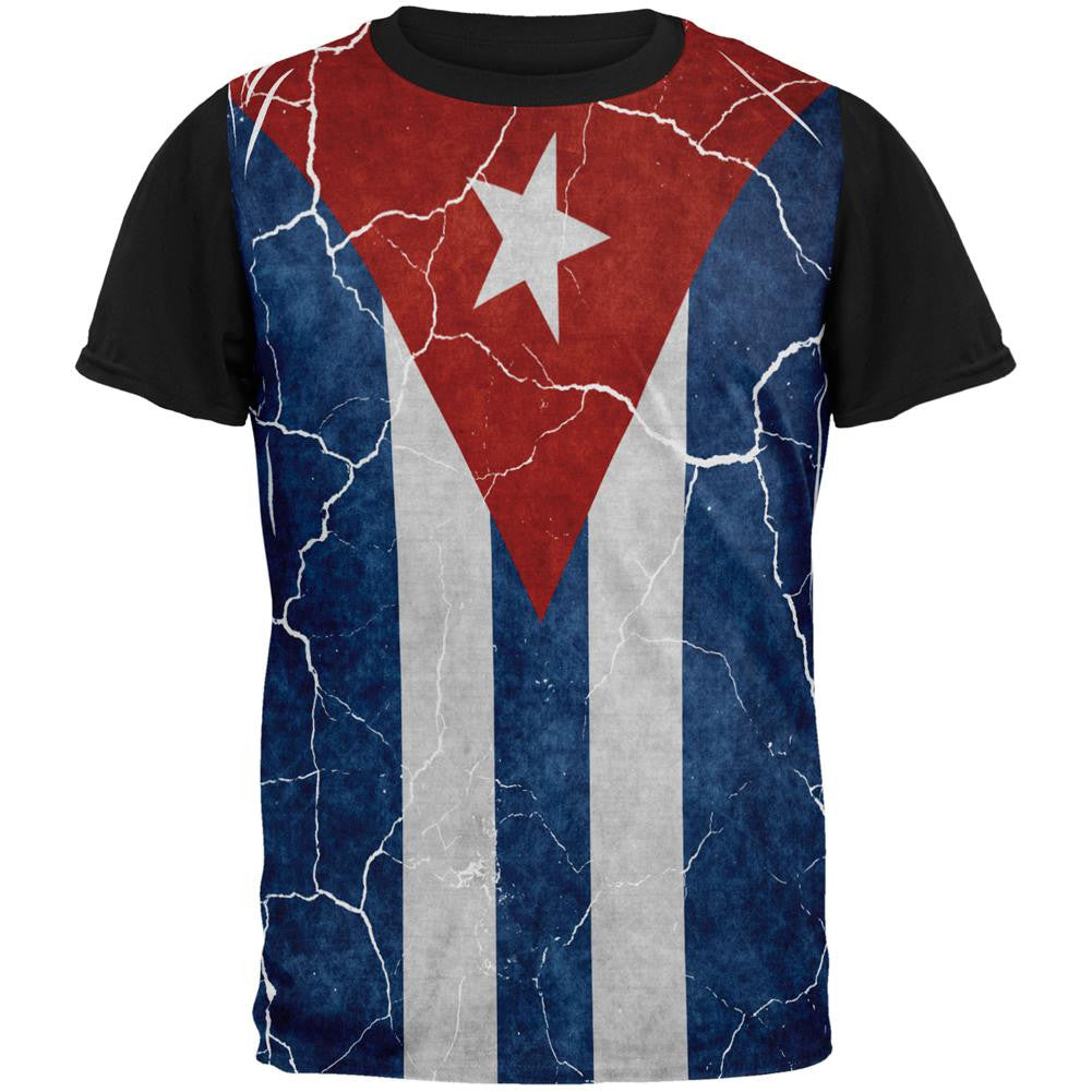 Distressed Cuban Flag All Over Mens Black Back T Shirt Men's T-Shirts Old Glory SM Multi 