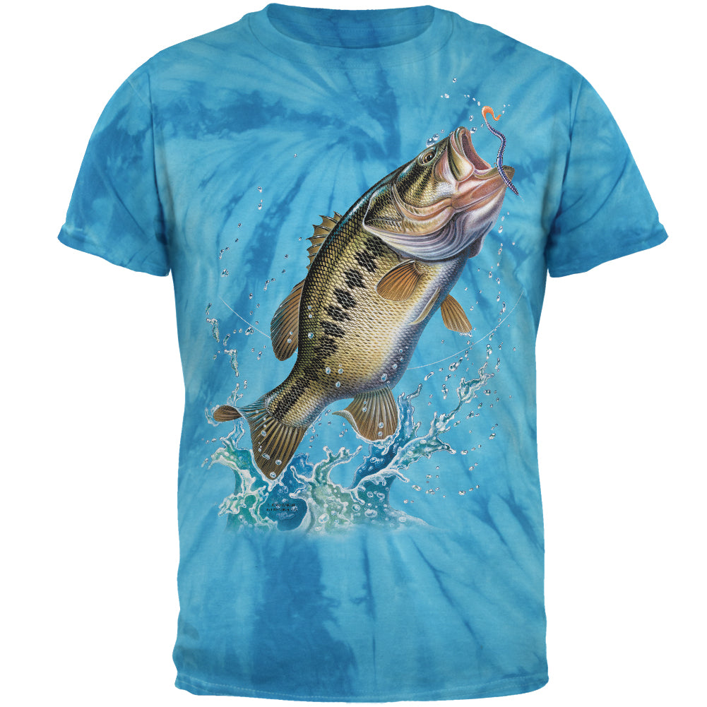 Bass Leaping in Action Mens T Shirt Men's T-Shirts Old Glory 2XL Pinwheel Blue Tie Dye 