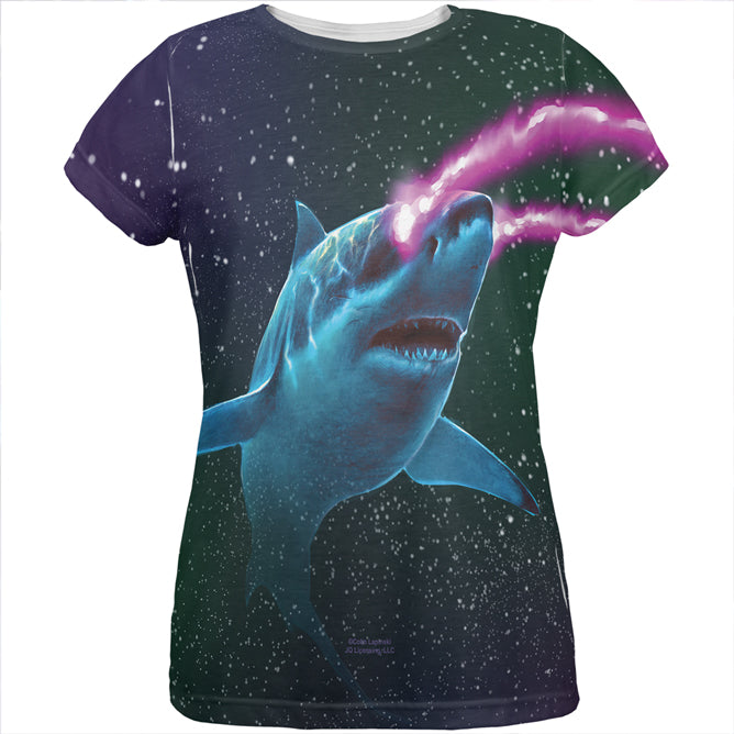 Galaxy Great White Shark Laser Beams All Over Womens T Shirt Women's T-Shirts Old Glory LG Multi 