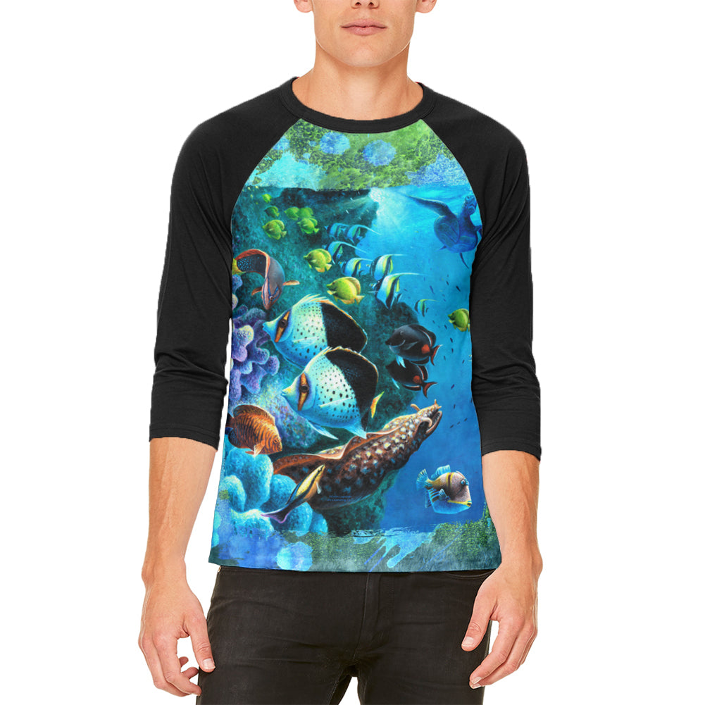 Tropical Reef Splatter Mens Raglan T Shirt Men's T-Shirts Old Glory LG White-Black 