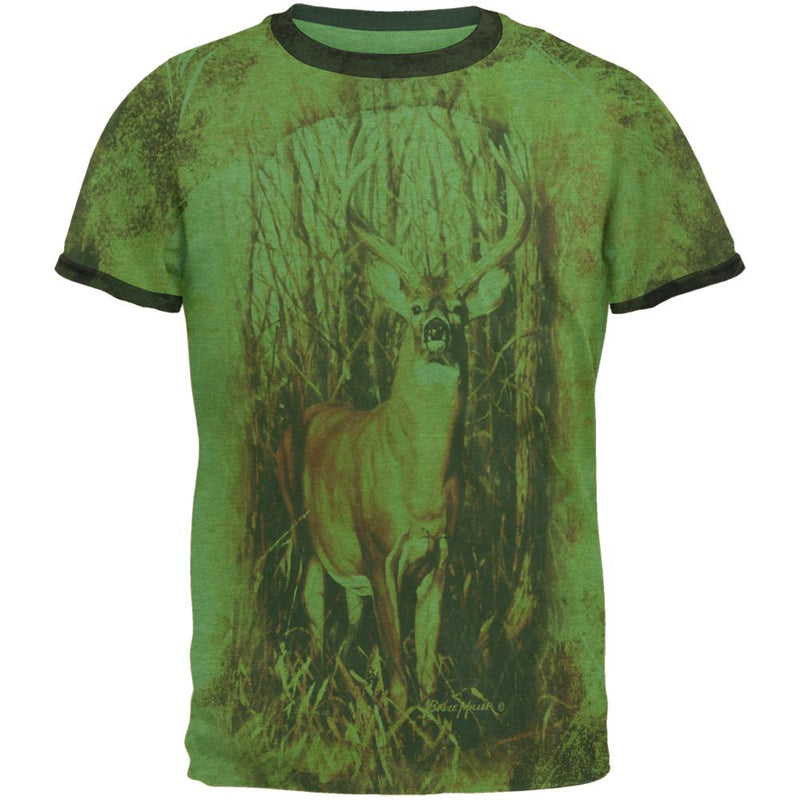 10 Point Buck Urban Mens Ringer T Shirt Men's T-Shirts Old Glory SM Heather Green-Forest 