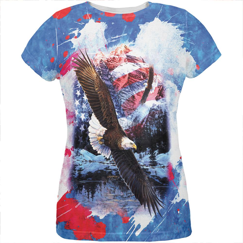 4th of July American Flag Bald Eagle Splatter All Over Womens T Shirt Women's T-Shirts Old Glory 2XL Multi 