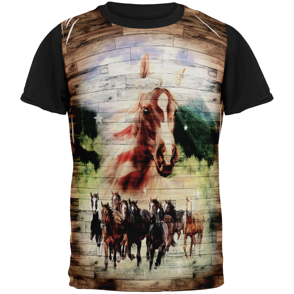 4th of July Wild Horse Mustang Patriot All Over Mens Black Back T Shirt Men's T-Shirts Old Glory SM Multicolor 