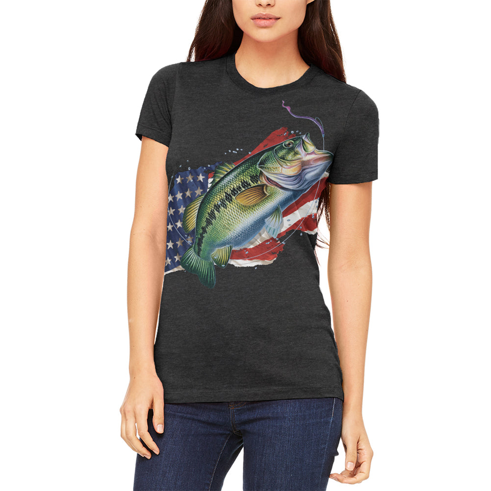 4th of July American Fisherman Bass Juniors Soft T Shirt Juniors T-Shirts 4th of July 2XL Heather Black 