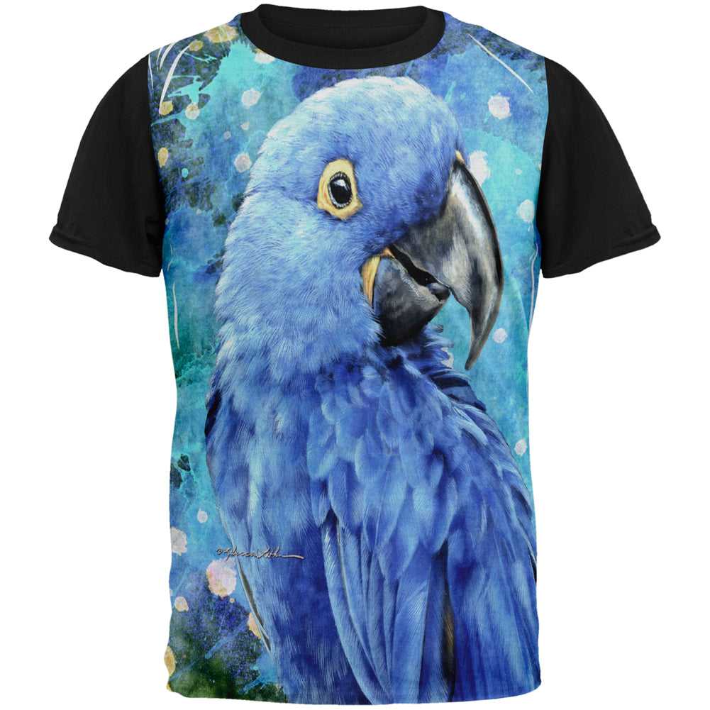 Blue Hyacinth Macaw Splatter All Over Mens Black Back T Shirt Men's T-Shirts Old Glory 2XL White 