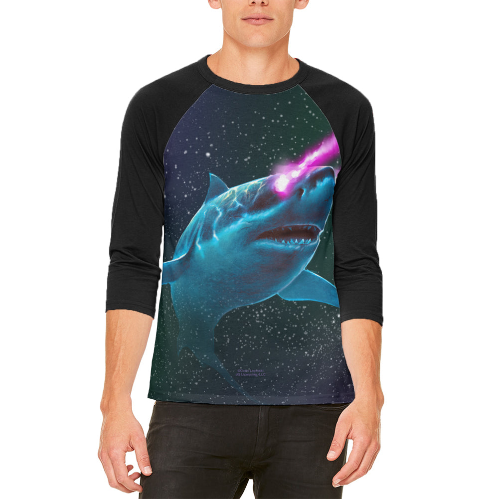 Galaxy Great White Shark Laser Beams Mens Raglan T Shirt Men's T-Shirts Old Glory LG White 