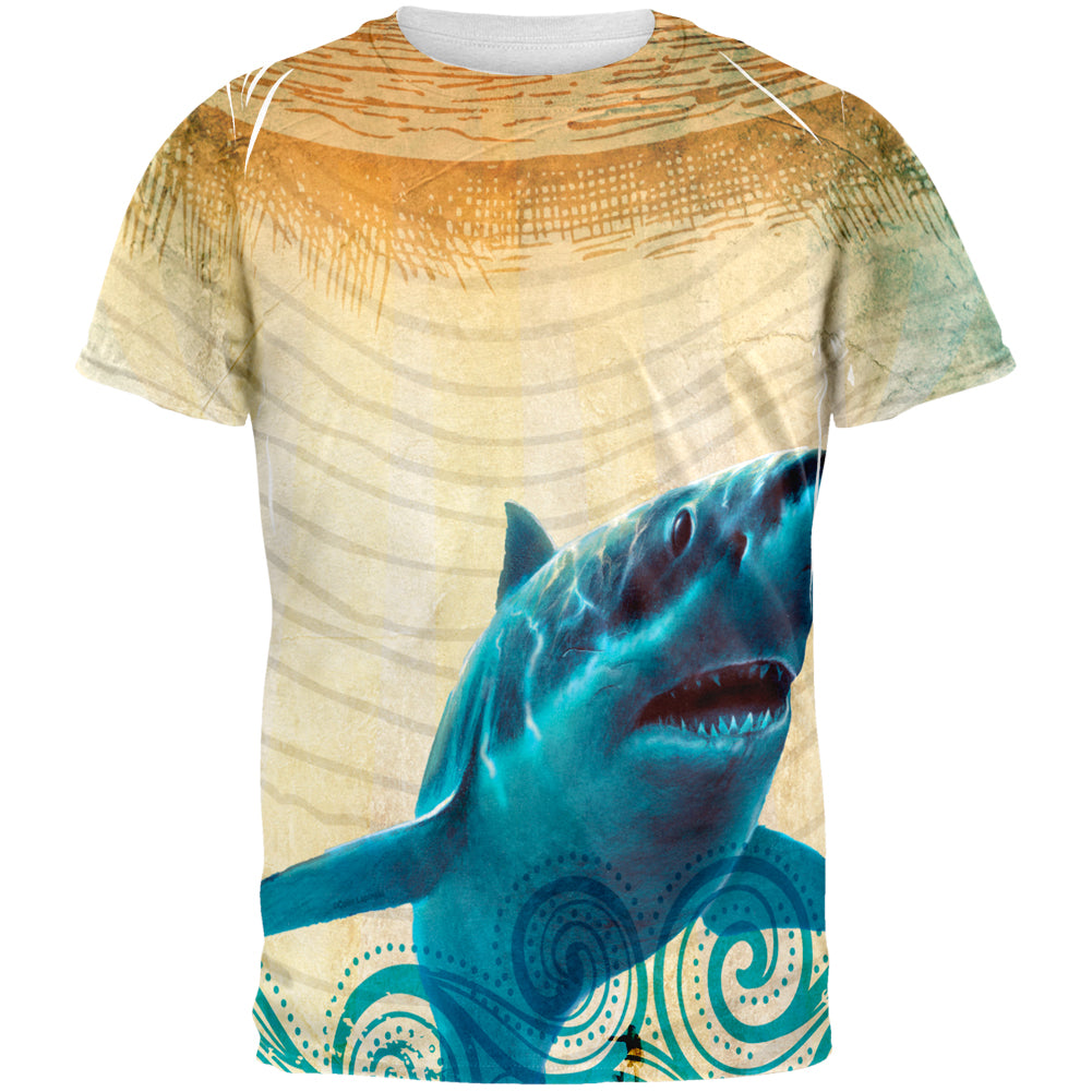 Great White Shark in Waves All Over Mens T Shirt Men's T-Shirts Old Glory 2XL Multi 