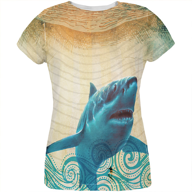 Great White Shark in Waves All Over Womens T Shirt Women's T-Shirts Old Glory LG Multi 