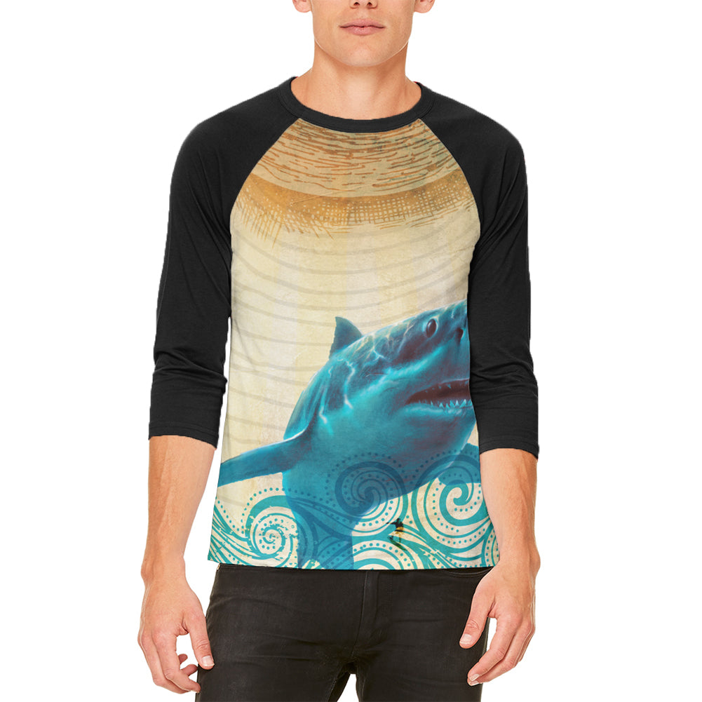 Great White Shark in Waves Mens Raglan T Shirt Men's T-Shirts Old Glory LG White 