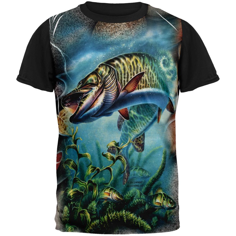 Muskie Fishing All Over Mens Black Back T Shirt Men's T-Shirts Old Glory MD Multi 