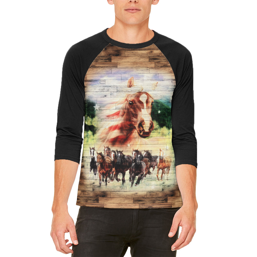 4th of July Michelle Grant Wild Horse Mustang Patriotic Mens Raglan T Shirt Men's T-Shirts 4th of July MD  