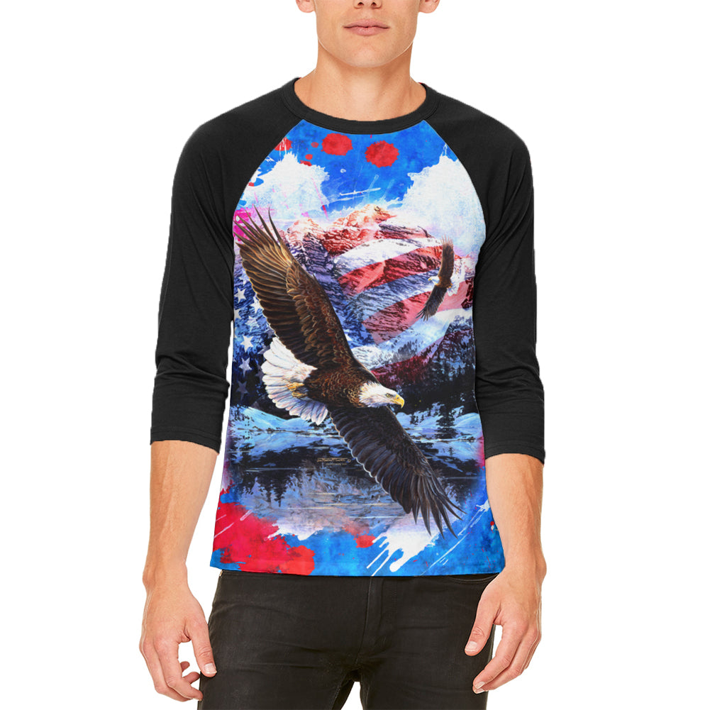 4th of July Jan Martin McGuire American Flag with Bald Eagle Mens Raglan T Shirt Men's T-Shirts 4th of July MD  