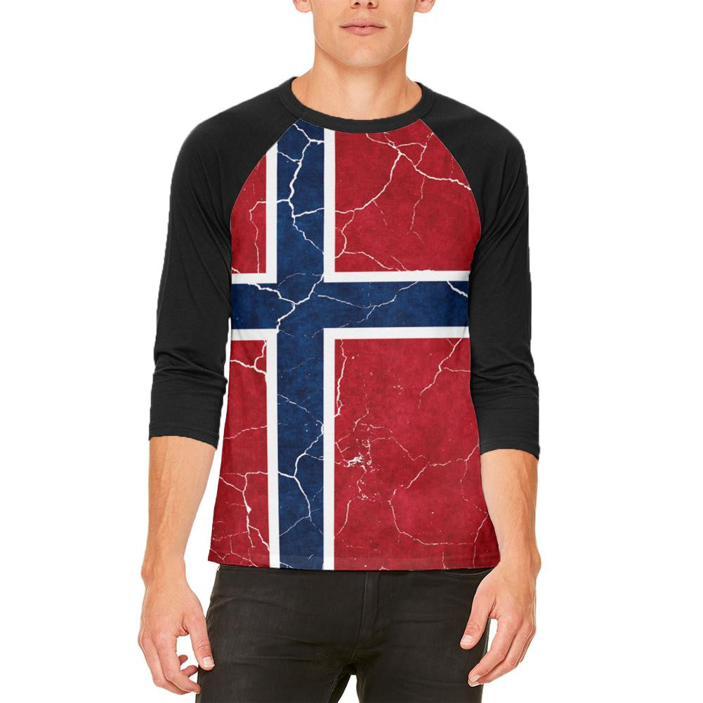 Distressed Norwegian Flag Mens Raglan T Shirt Men's T-Shirts Old Glory 2XL White 