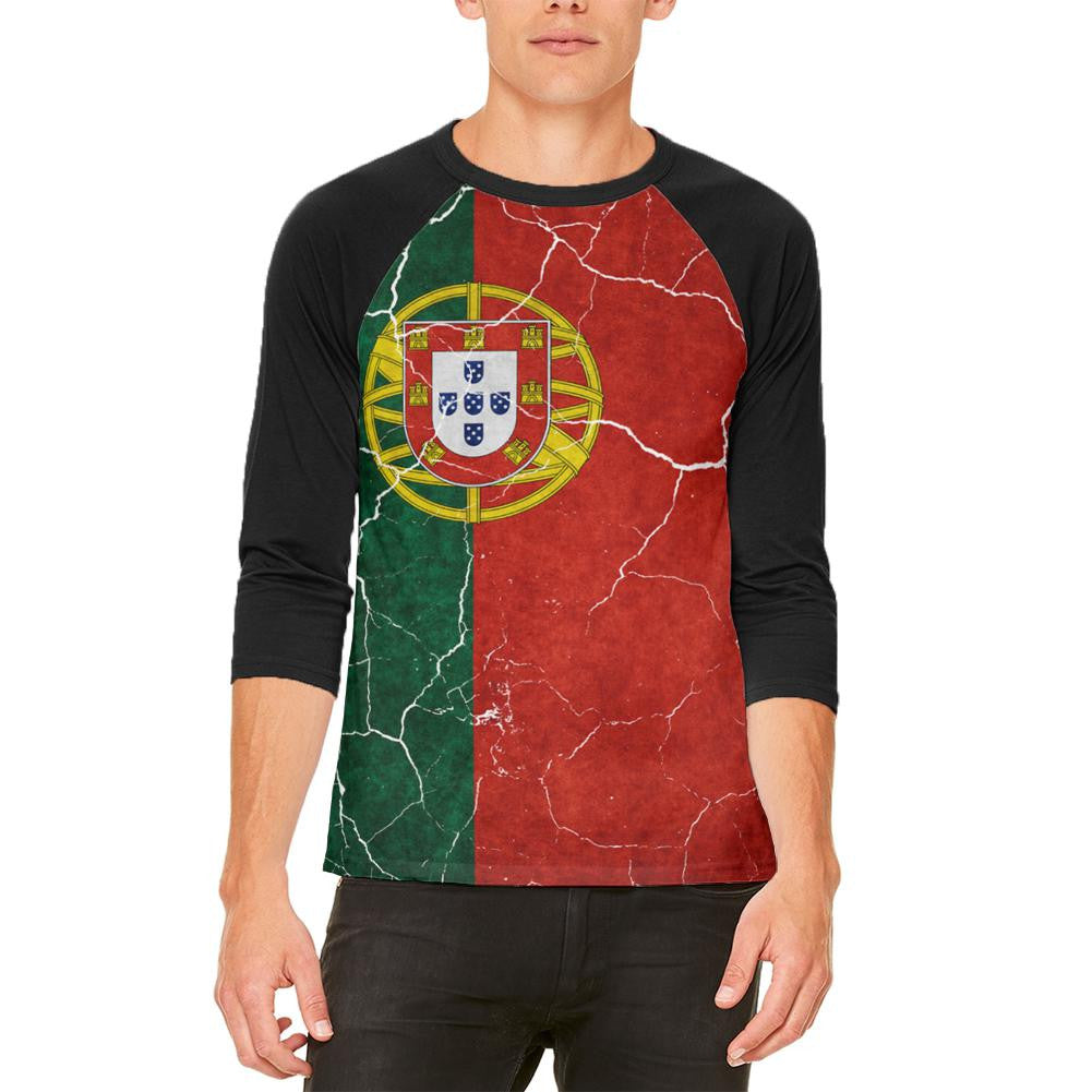 Distressed Portuguese Flag Mens Raglan T Shirt Men's T-Shirts Old Glory 2XL White 