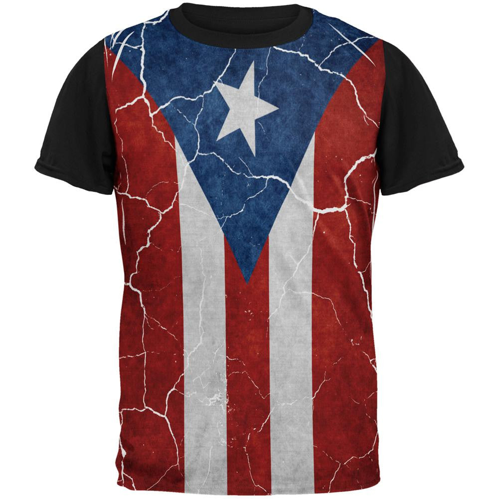 Distressed Puerto Rican Flag All Over Mens Black Back T Shirt Men's T-Shirts Old Glory SM Multi 