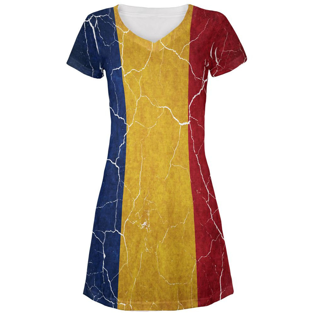 Distressed Romanian Flag All Over Juniors V-Neck Dress Juniors Dresses Old Glory LG Multi 