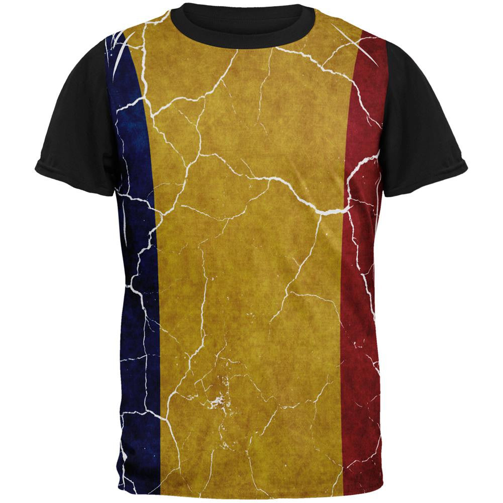 Distressed Romanian Flag All Over Mens Black Back T Shirt Men's T-Shirts Old Glory SM Multi 