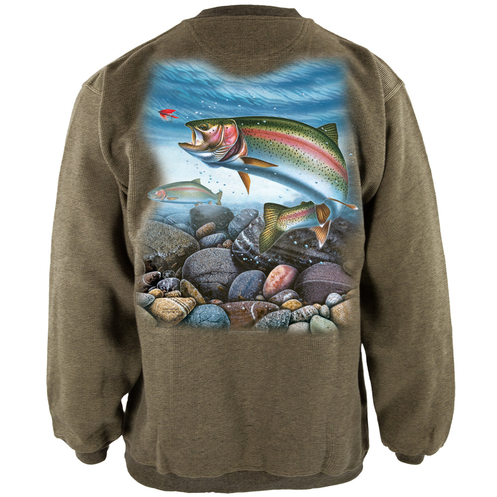 Action Rainbow Trout Fishing Henley Mens Pullover Sweatshirt Men's Sweatshirts Old Glory LG Green 