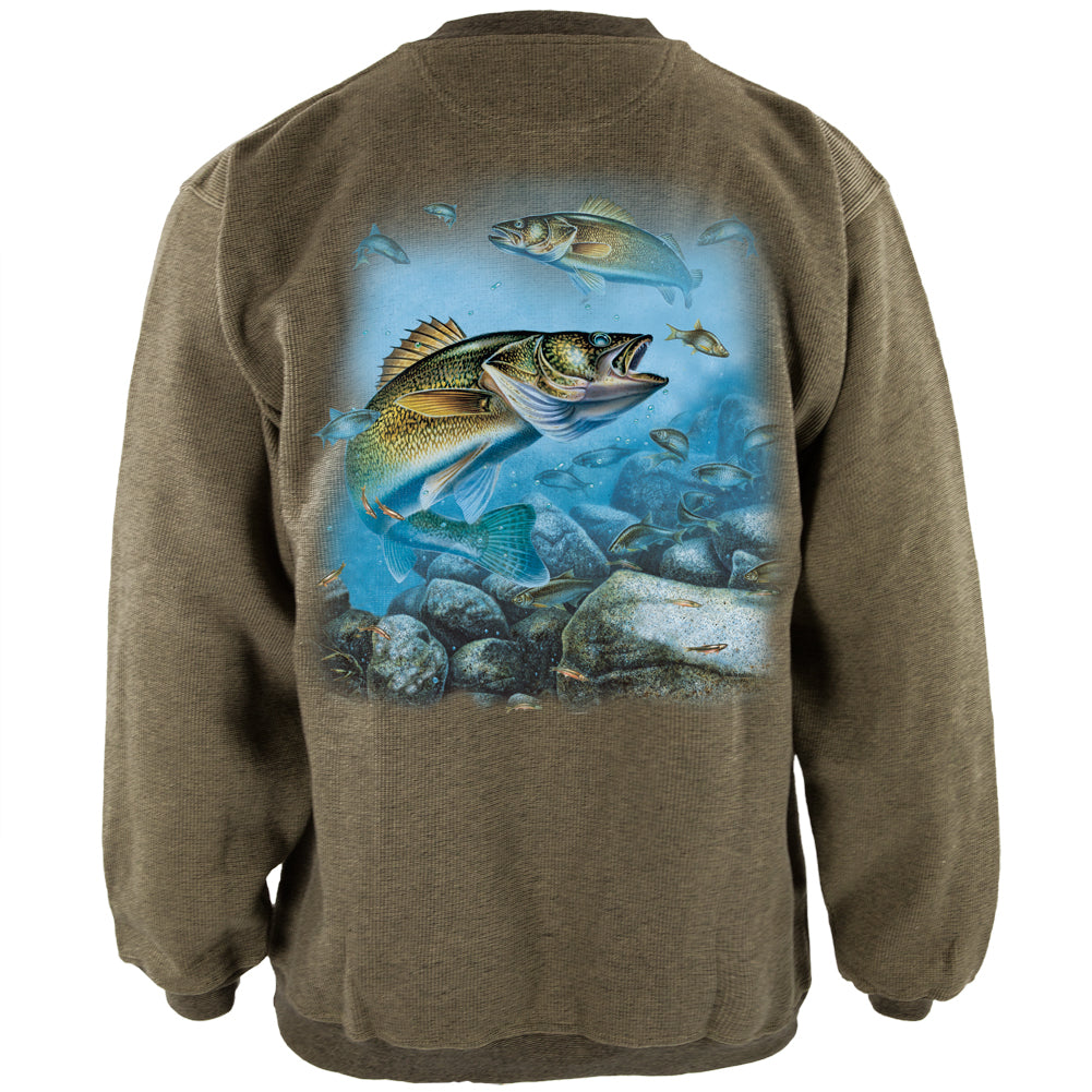 Action Walleye Fishing Henley Mens Pullover Sweatshirt Men's Sweatshirts Old Glory LG Green 