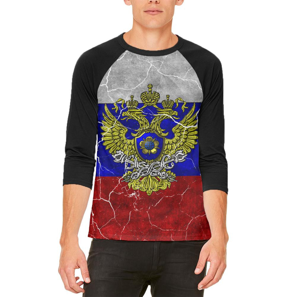 Distressed Russian Imperial Flag Mens Raglan T Shirt Men's T-Shirts Old Glory 2XL White 