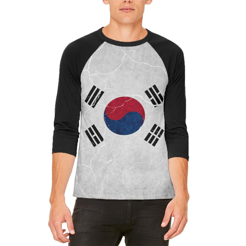 Distressed South Korean Flag Mens Raglan T Shirt Men's T-Shirts Old Glory 2XL White 