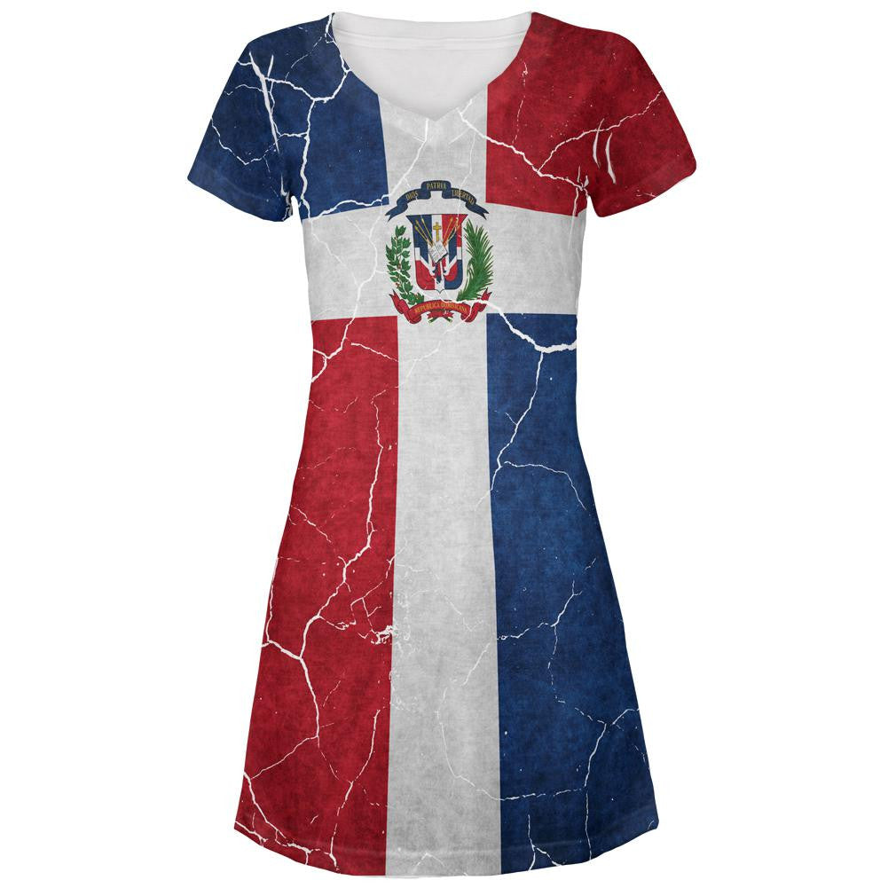 Distressed Dominican Republic Flag All Over Juniors V-Neck Dress Juniors Dresses Old Glory LG Multi 