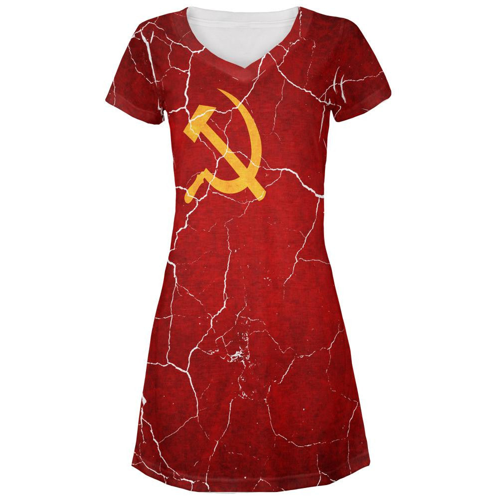 Distressed Soviet Union Flag All Over Juniors V-Neck Dress Juniors Dresses Old Glory LG Multi 